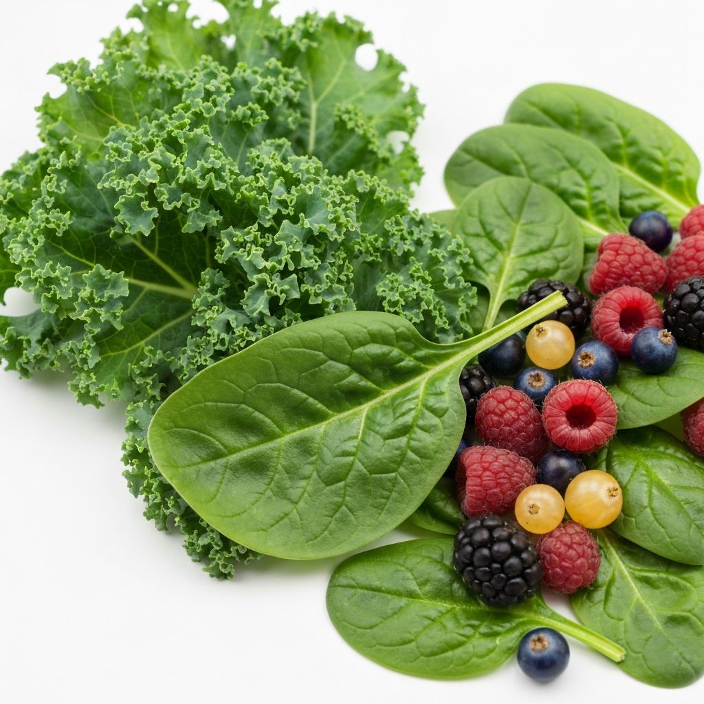 Grünes Blattgemüse und Beeren